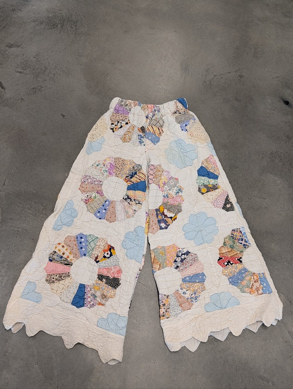 WIDE LEG QUILT PANTS vintage patchwork feedsack M - Picture 11 of 16